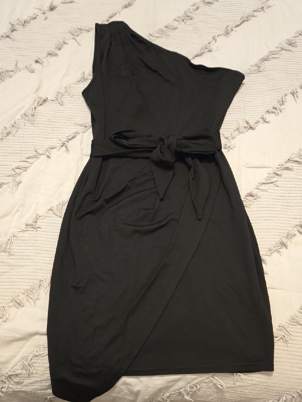 One-Shoulder Black Tie-Waist Dress